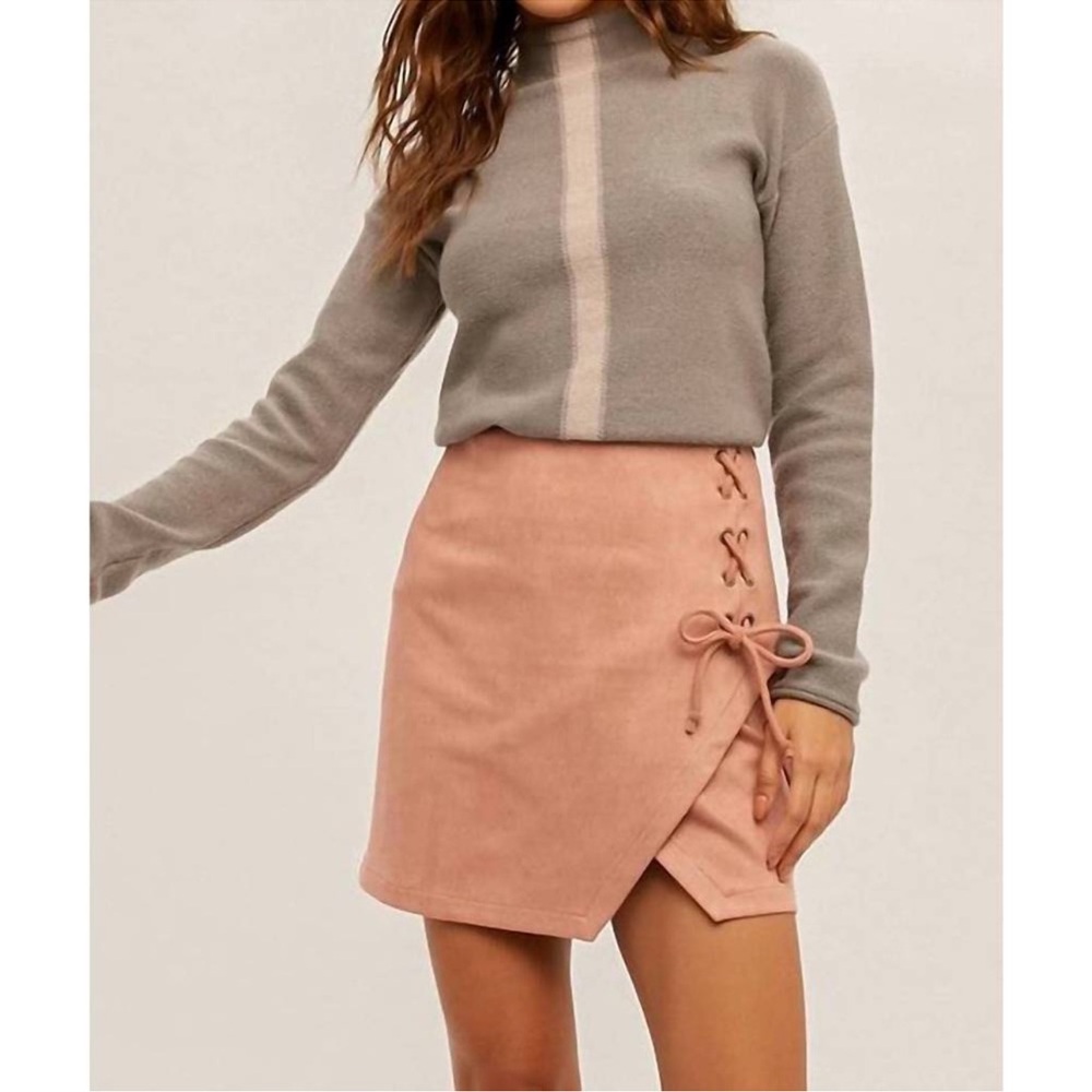 Hem & Thread Mauve Pencil Skirt with Lace-Up Detail